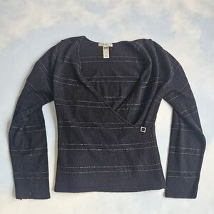 Black Sparkle Pinstripe Buckle Wrap Top Surplace Black Blouse